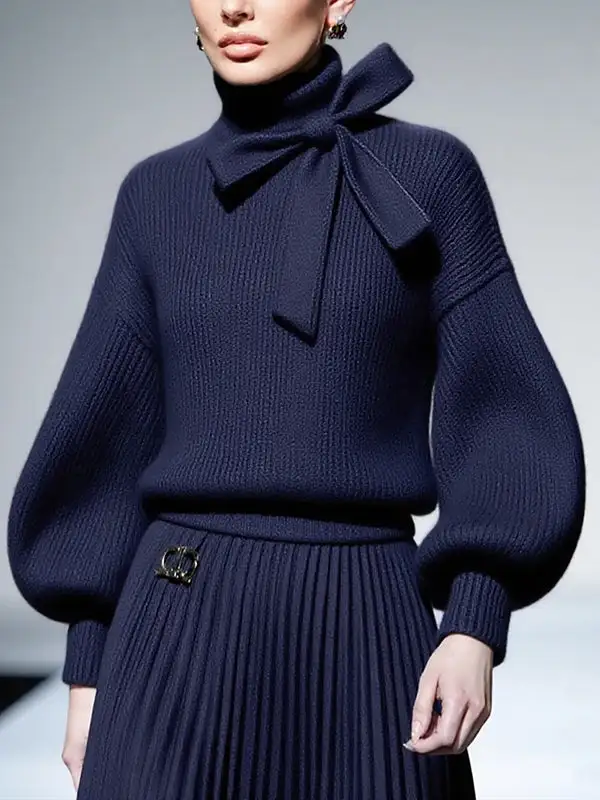 Bow Detail Paneled High Neck Puff Sleeve Relaxed Fit Sweater
