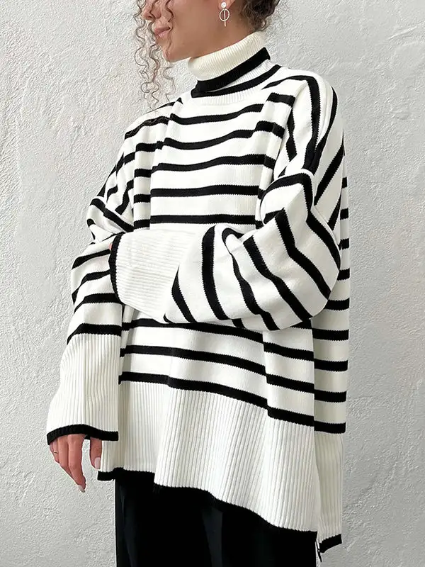 Striped High Low Split Hem Paneled High Neck Sweater