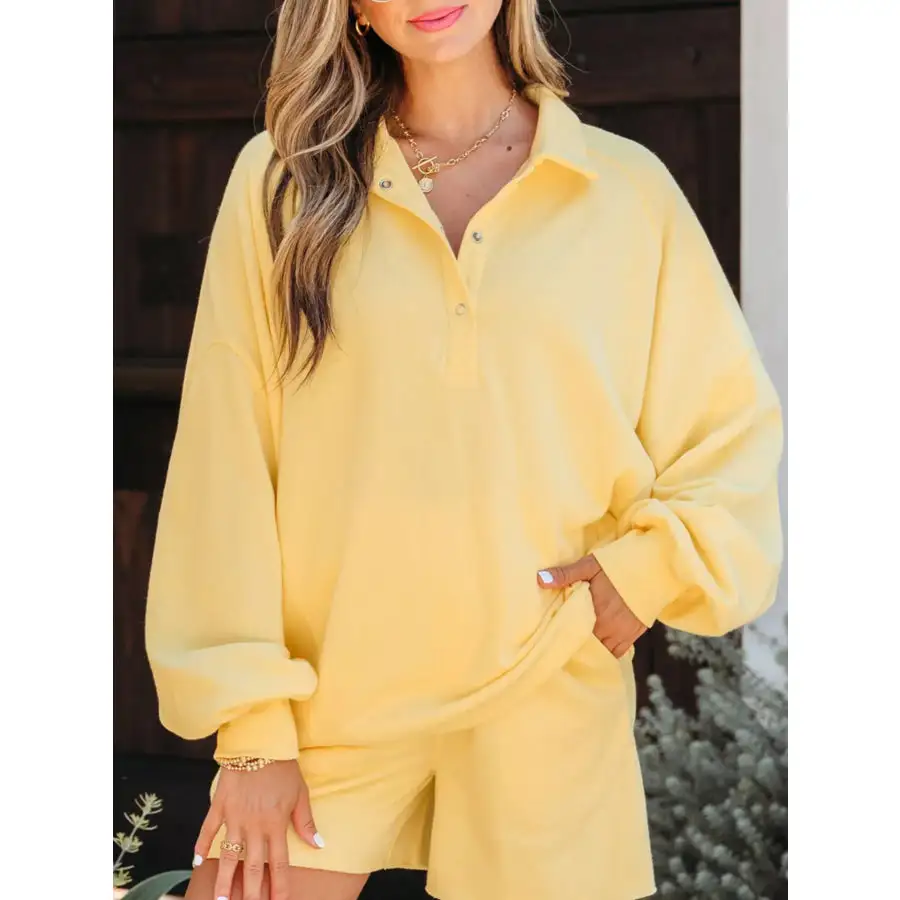 Button Collar Drop Shoulder Top and Shorts 2pcs Set