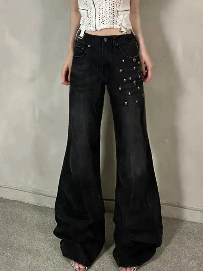 Vintage Washed Studded Flared Jeans