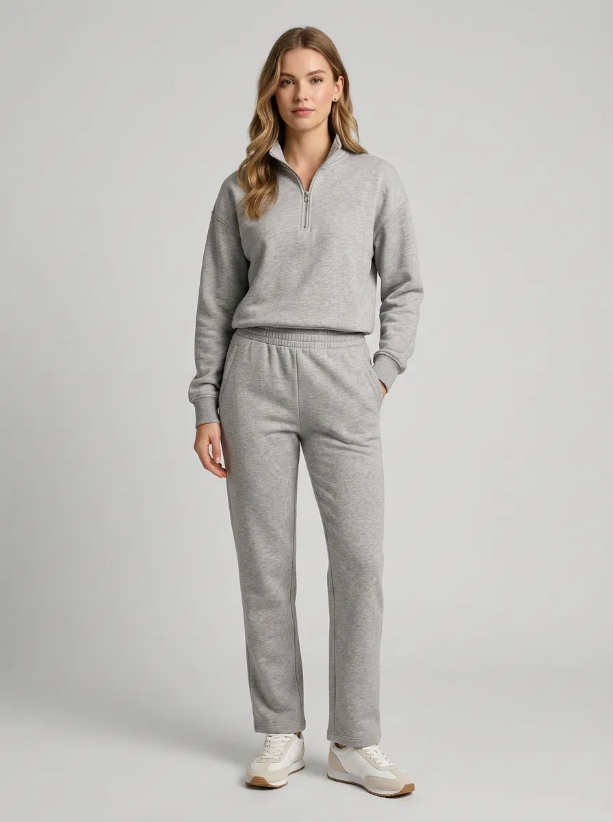 Women's Casual Loungewear Grey Solid Quarter-Zip Sweatshirt Jogger Set