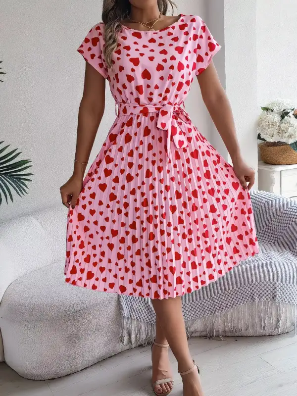Printed Tie Waist Pleated Midi Dress