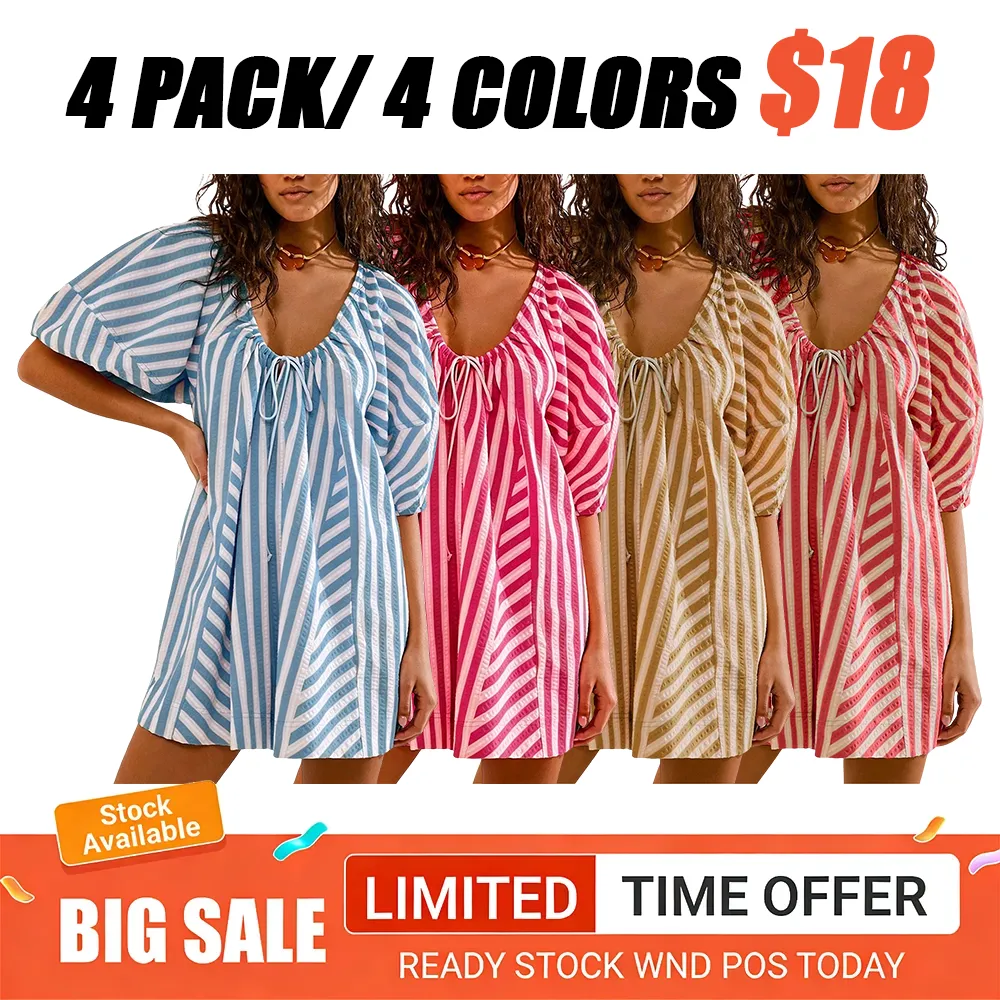 Womens Striped Romper Casual Loose Puff Sleeve Wide Leg Jumpsuit
