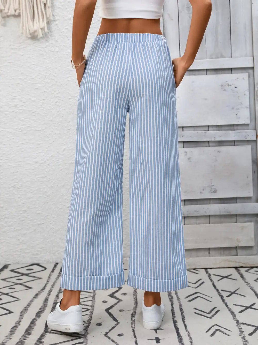 Wide Leg Striped Drawstring Pocketed Pants