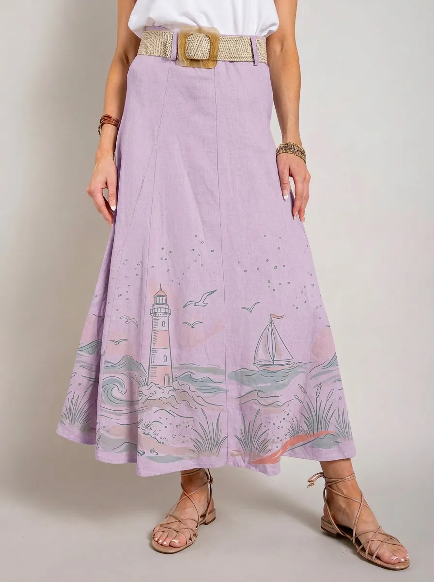 Women's Nautical Seaside Lighthouse Sailboat Printed Maxi Skirt