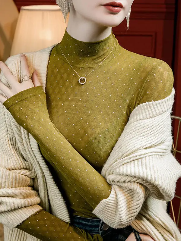 Long Sleeve Curve Fit Rhine Stones Sheer Panel Detail Mock Neck T-Shirt