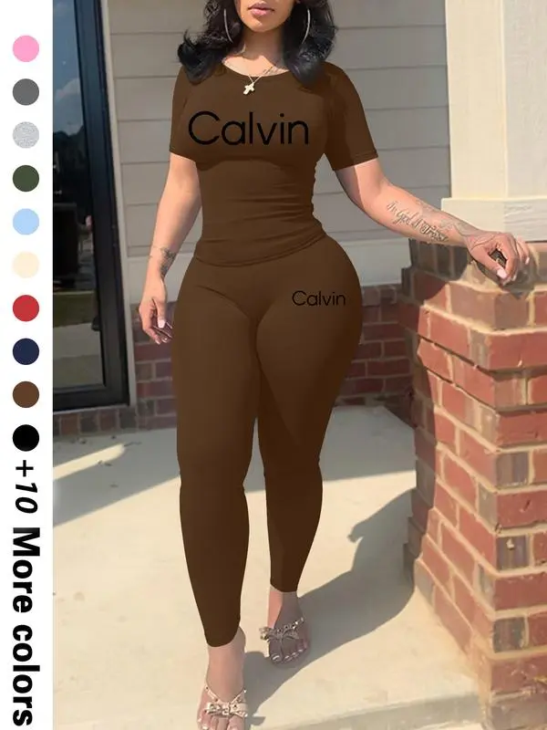 Calvin Letter Printing Women’s Casual Two-Piece Set Trendy Crop Top & Shorts | Lightweight Fabric | Effortless Summer Comfort