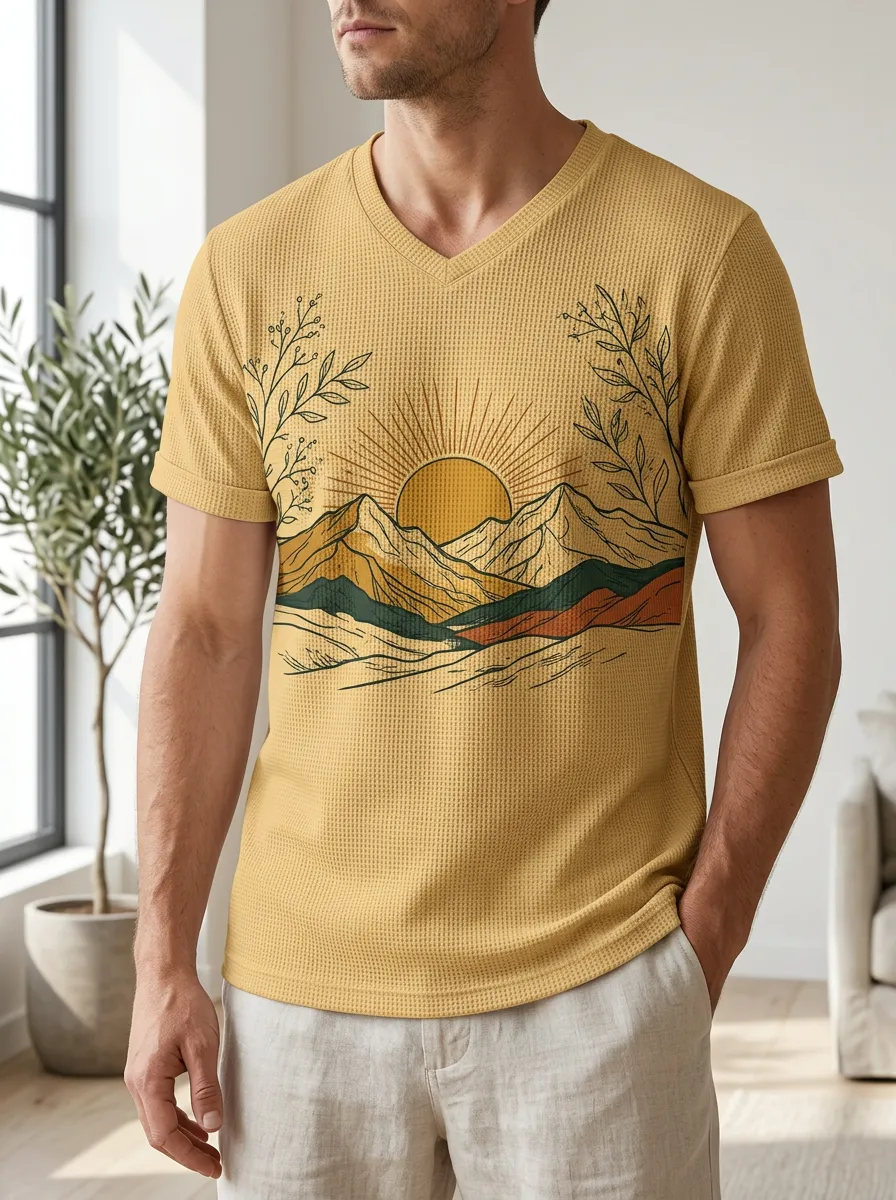 Men's Nature Lover Mountain Sunrise Botanical Printed V-Neck T-Shirt