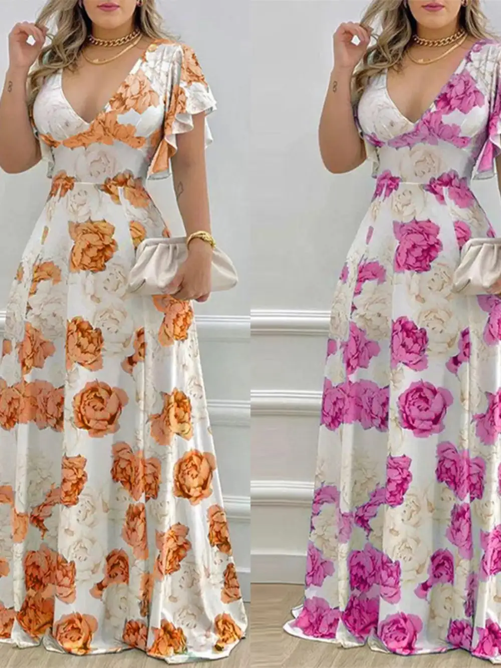 Floral Printed V Neck Maxi Dress