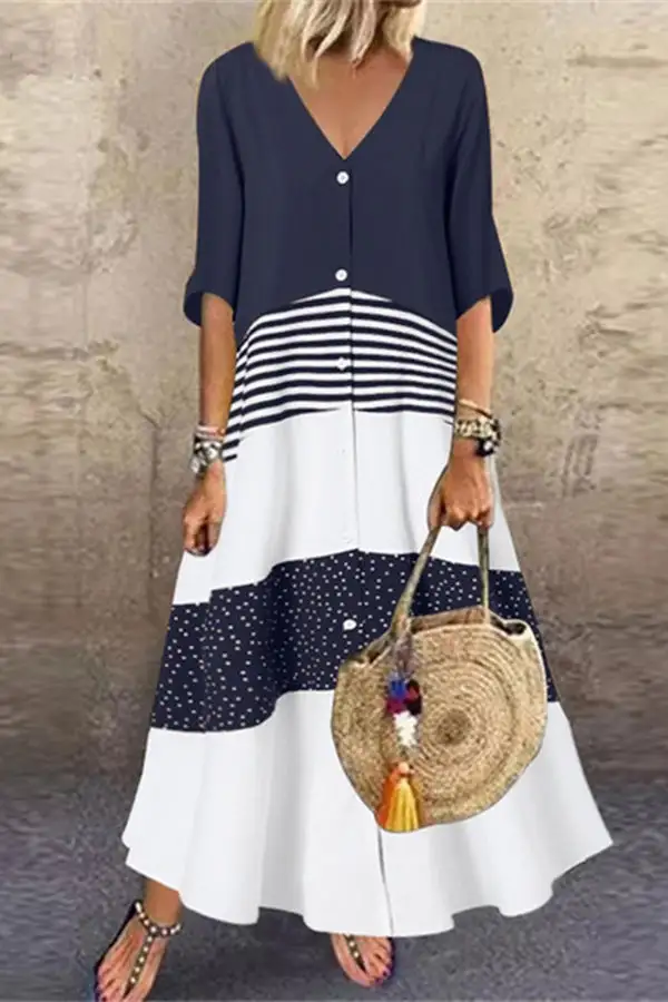 Casual V-Neck Half Sleeve Printed Button Maxi Dress