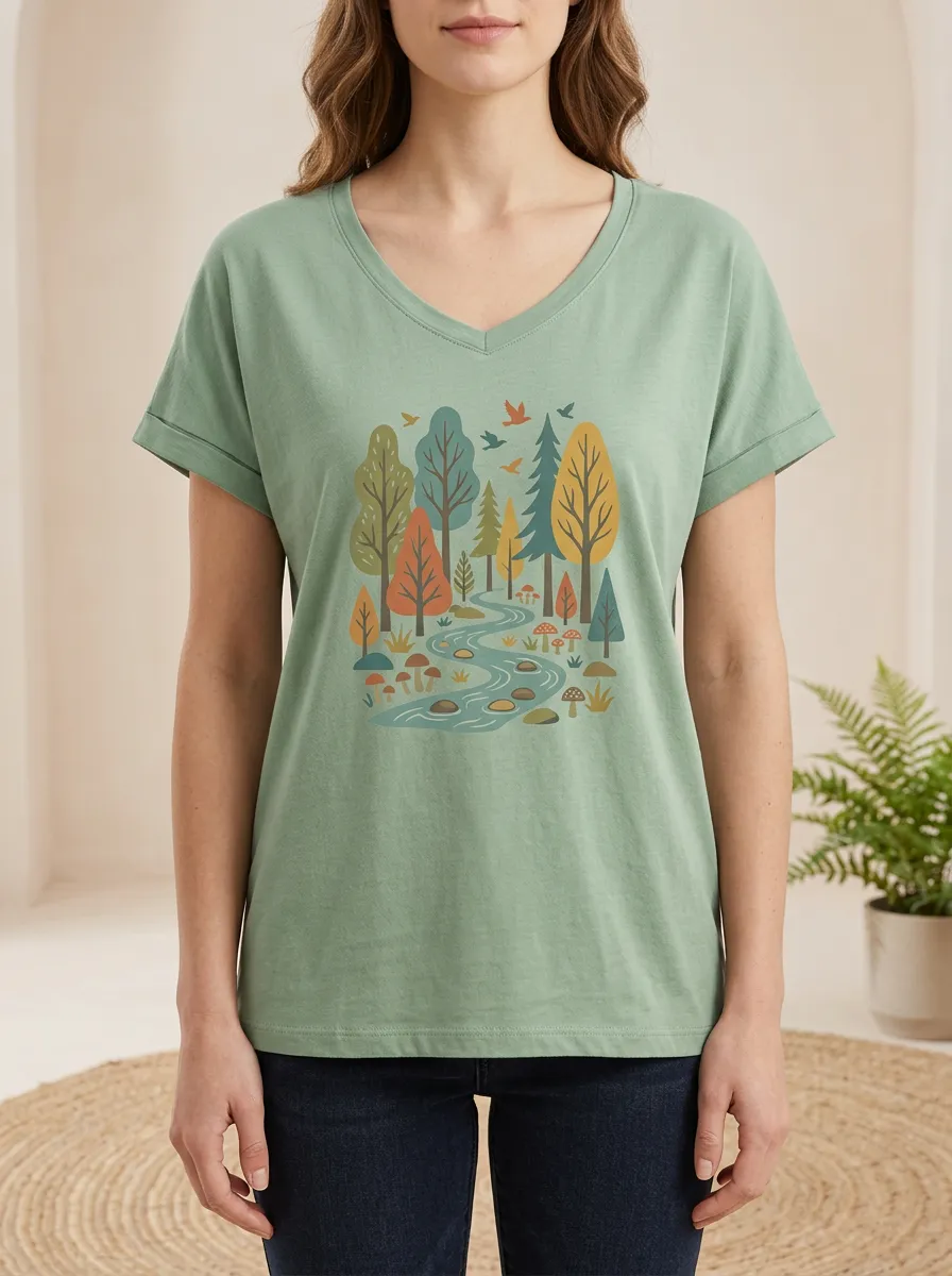 Women's Nature Forest River Mushroom Print T-Shirt