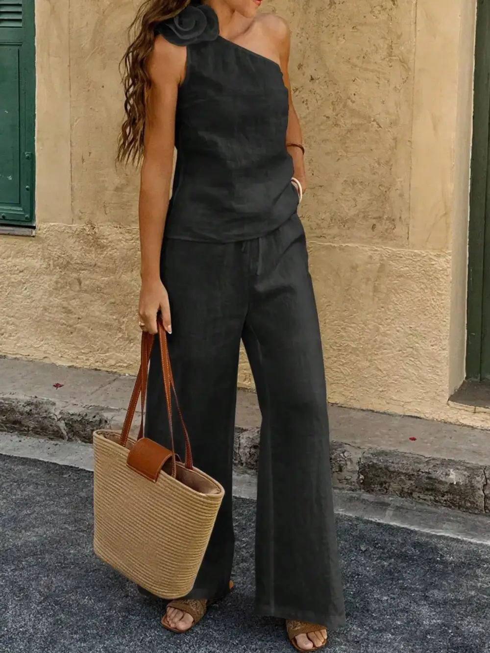 One-shoulder Embellished Top and Pants Set