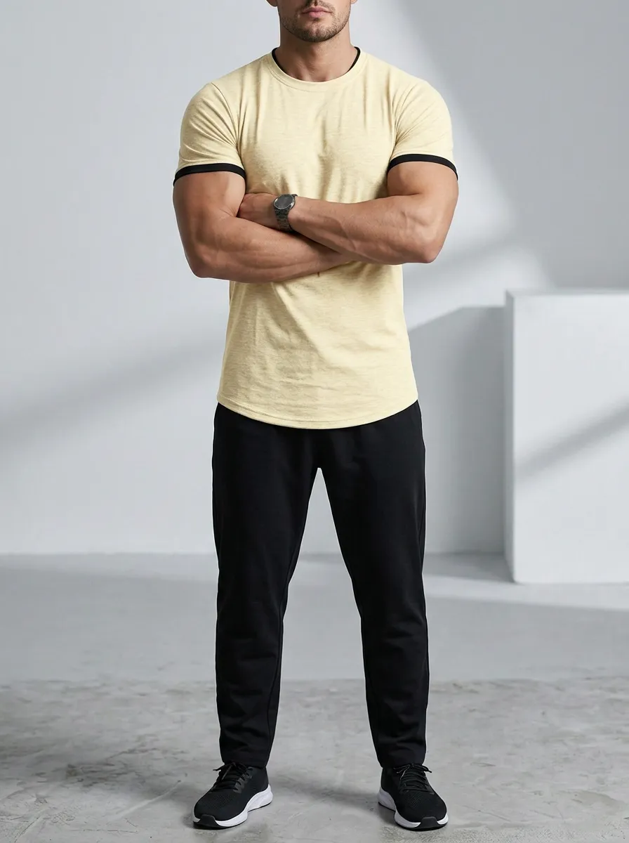 Minimal Ribbed Contrast Trim Crew Neck Casual Look Men's Slim Fit Short Sleeve T-Shirt