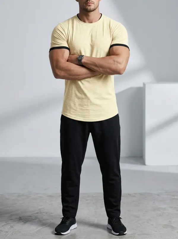 Minimal Ribbed Contrast Trim Crew Neck Casual Look Men's Slim Fit Short Sleeve T-Shirt