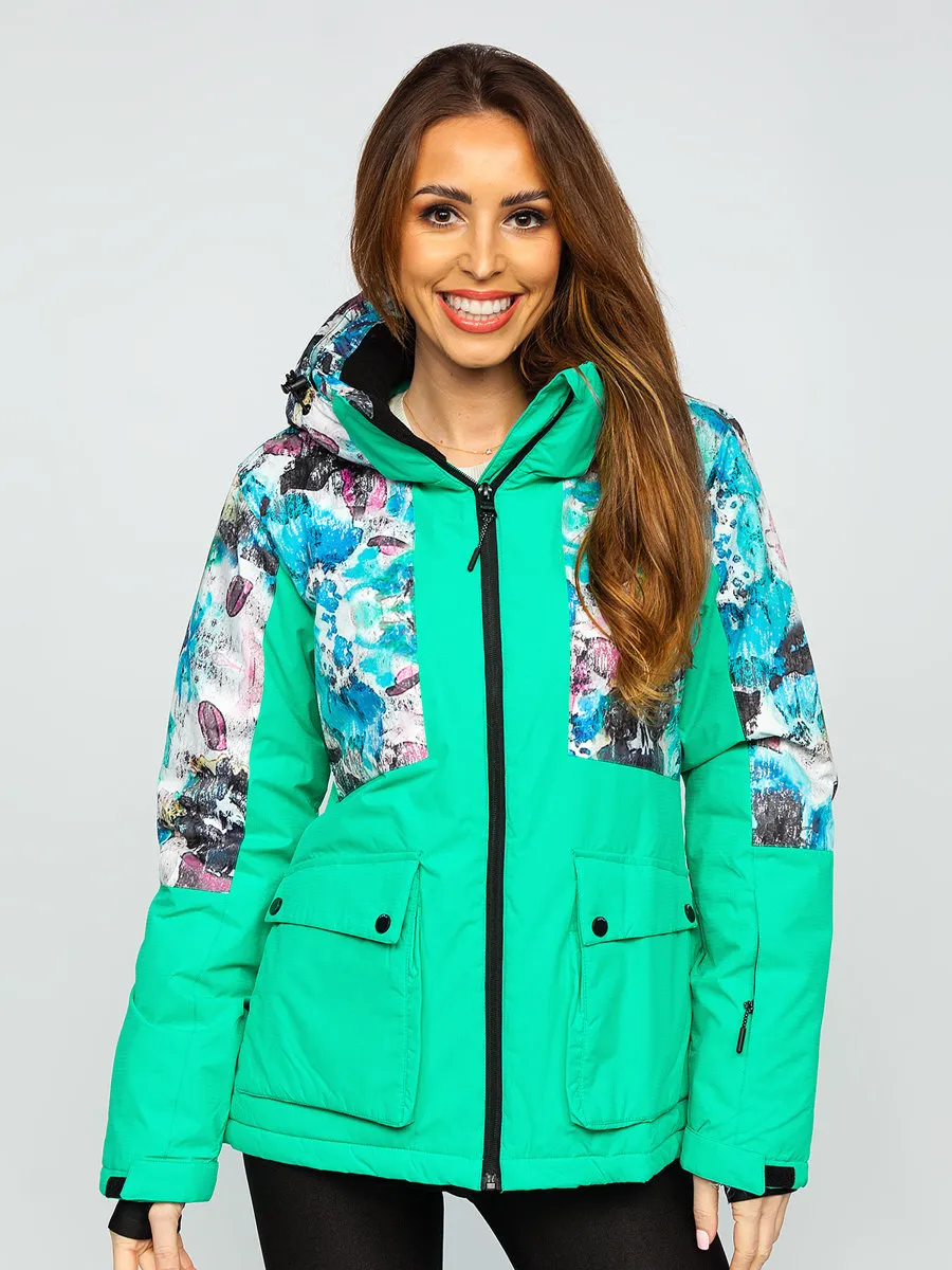 Green women's winter jacket with hood