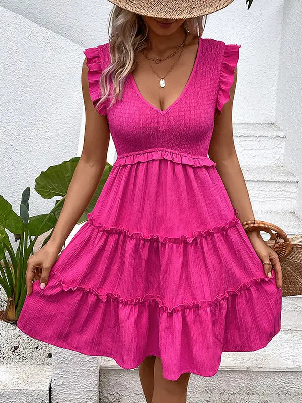 Relaxed Sleeveless Ruffle Trim Solid Color Split Joint Deep V Neck