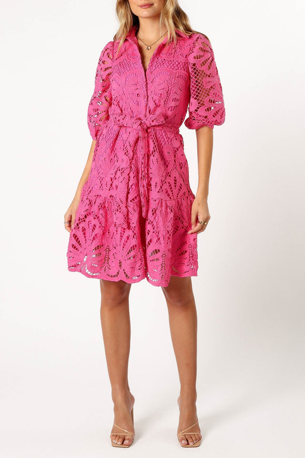 PINK HOLLOW LONG SLEEVE MINI DRESS