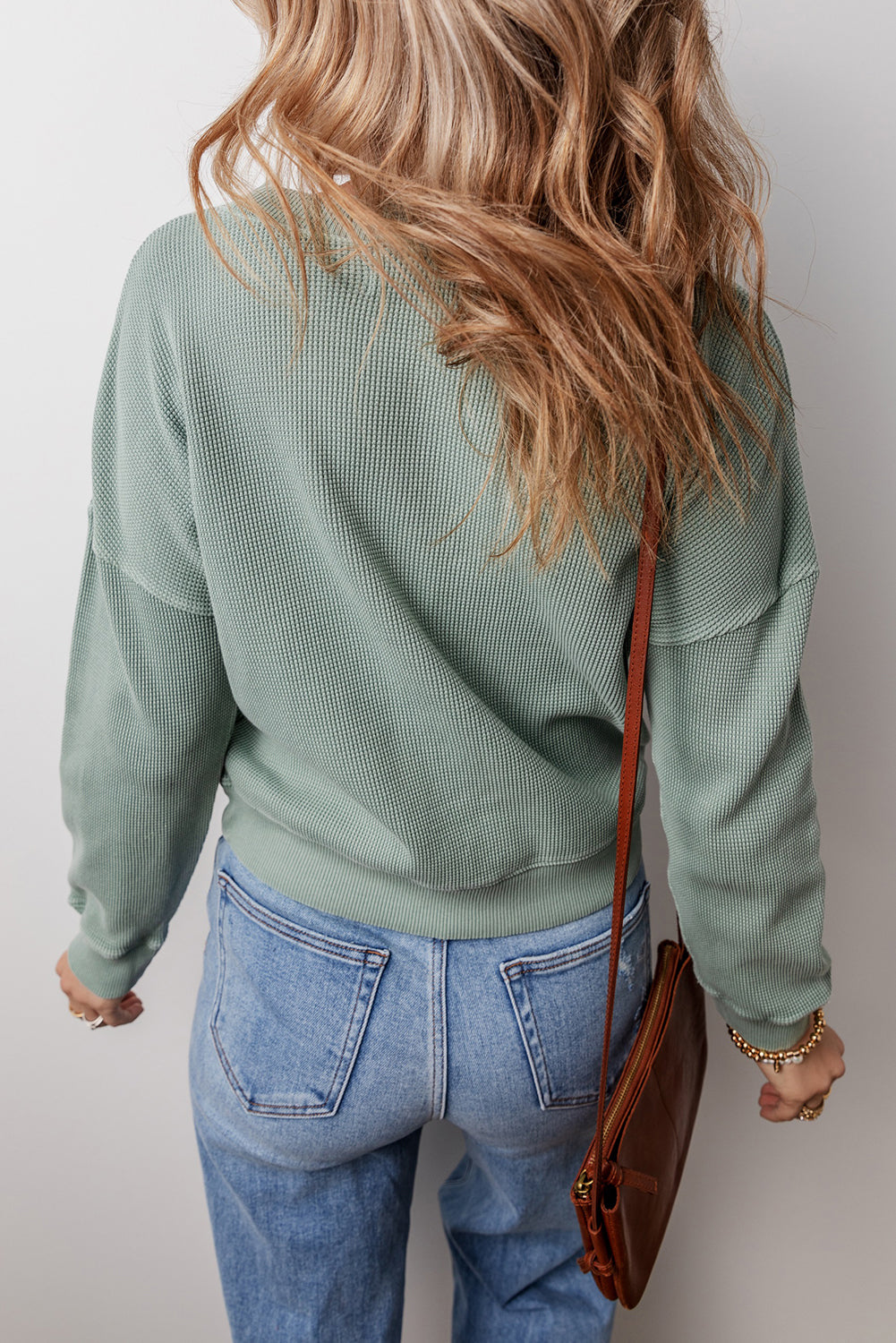 Women's Waffle Knit V Neck Drop Shoulder Top