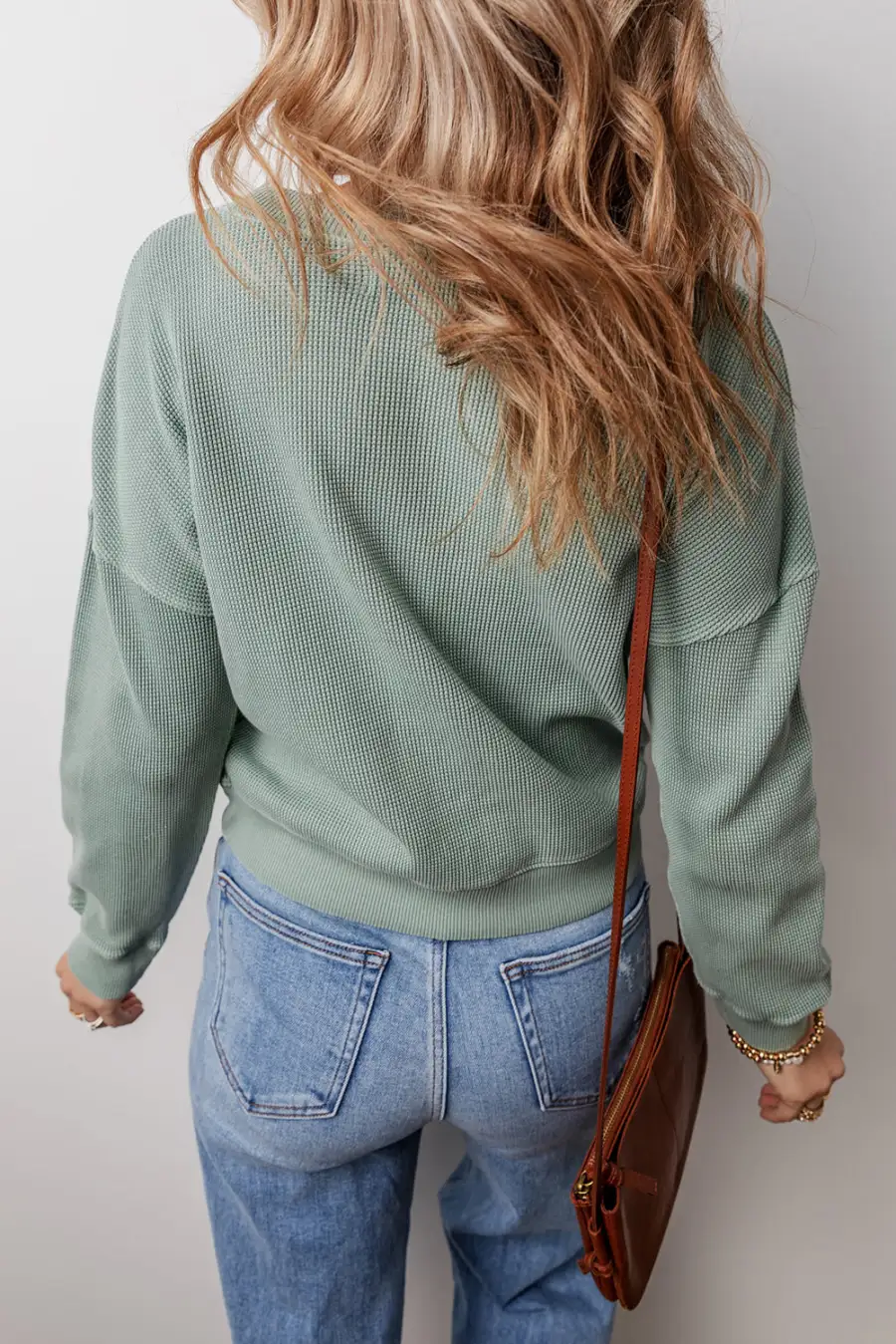 Women's Waffle Knit V Neck Drop Shoulder Top