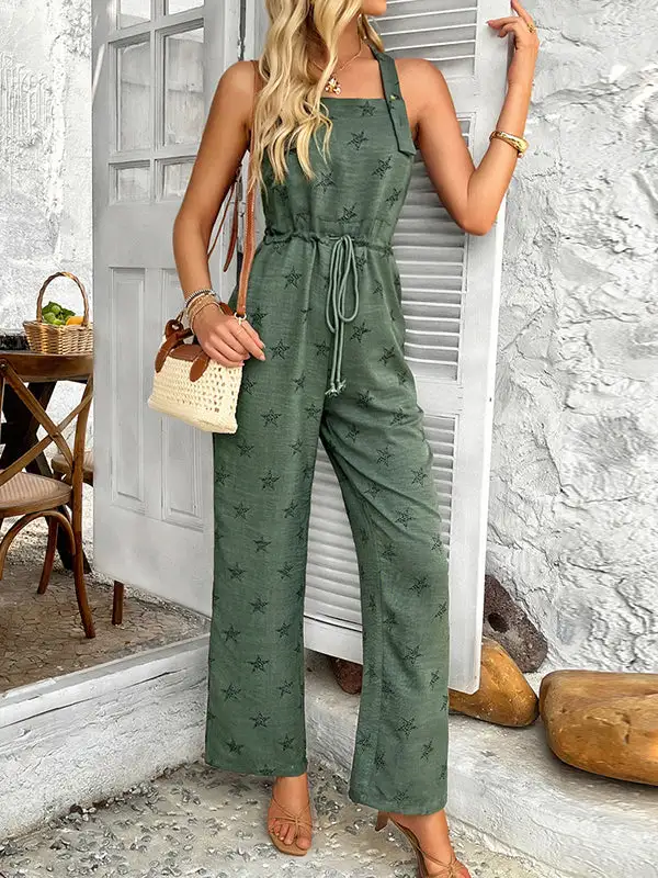 Mouwloze Jumpsuits Met Trekkoord Knoopsluiting En Bedrukte Spaghetti