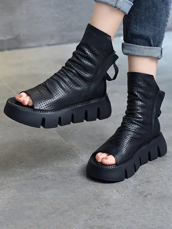 High Top Open-Toe Mesh Zip Platform Heeled Sandals