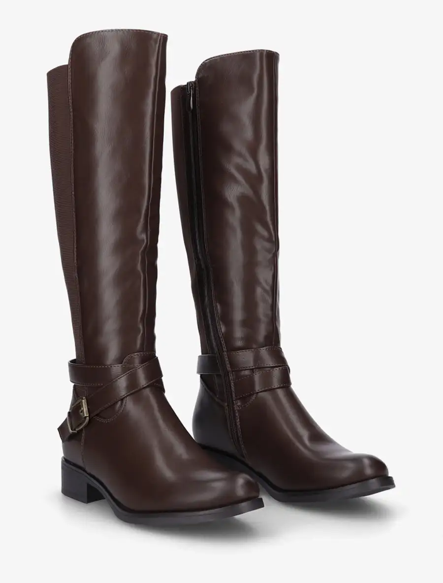 Polished Stretch Panel Strap Detail Buckle Detail Block Heel Knee High Boots