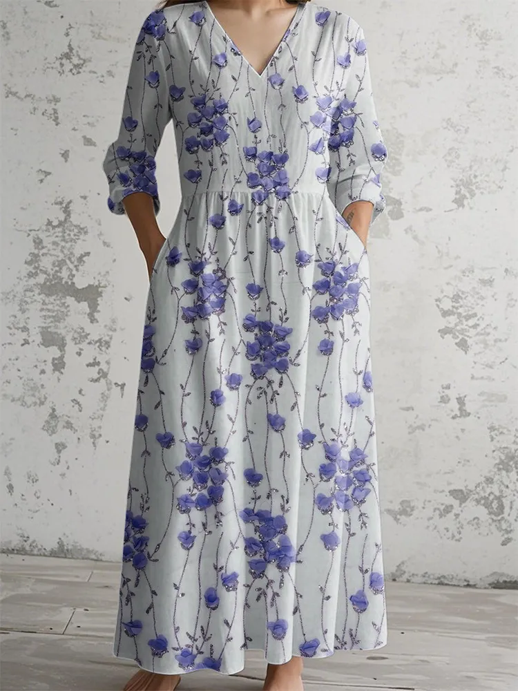 V-Neck Purple Flower Sequin Print Long-Sleeve Dress