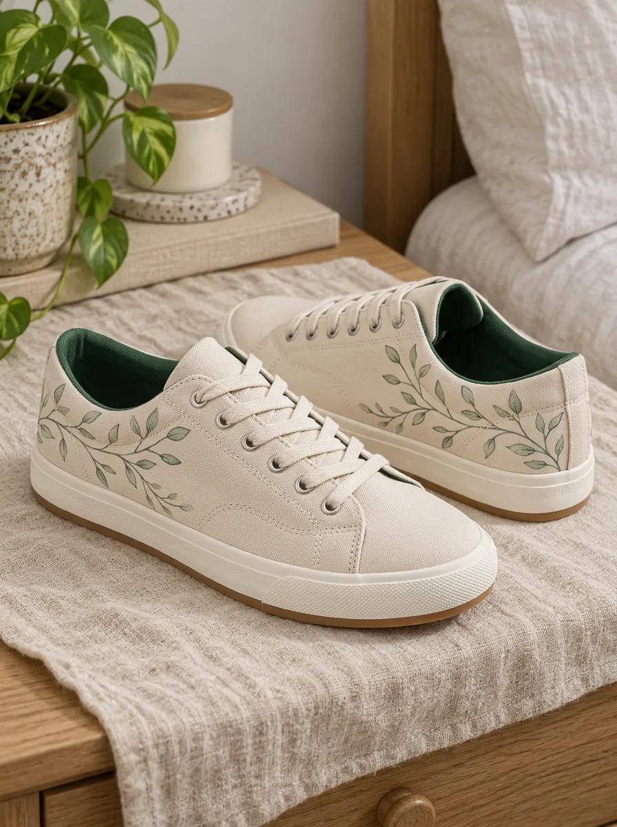 Women's Botanical Nature Lover Green Leaf Printed Canvas Shoes