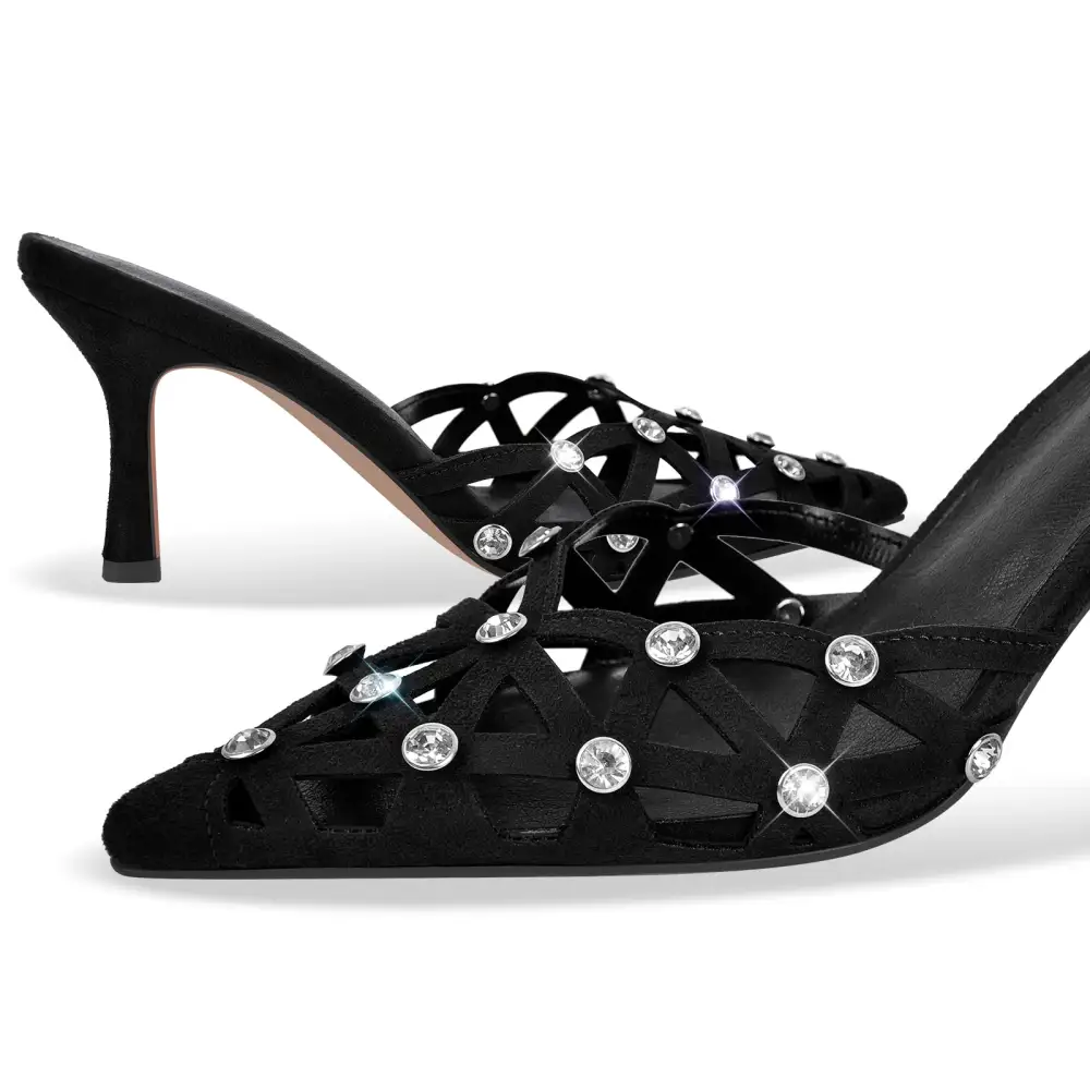 Rhinestone Pointed Toe Hollow Mule Sandals