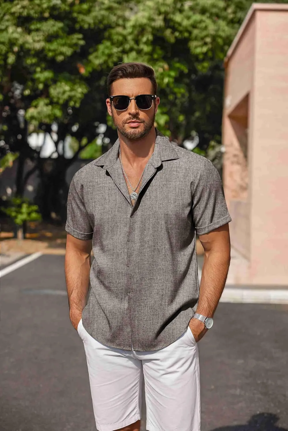 Men's Linen Shirts Short Sleeve Casual Shirts Button Down Shirt for Men Beach Summer Wedding Shirt