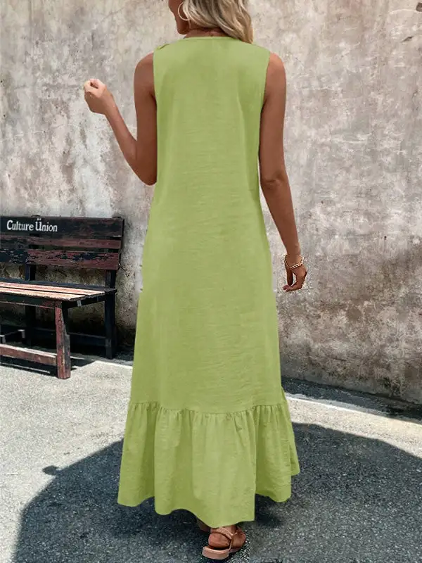 Loose Trim Pleated Neck Maxi Dress