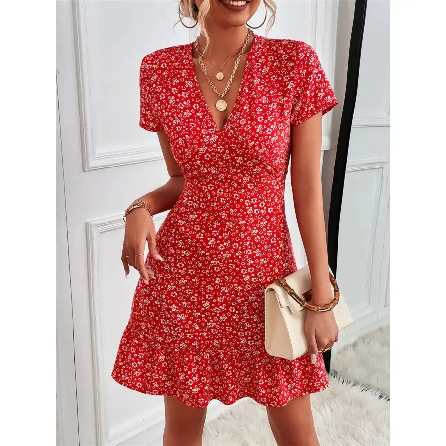 Ruffled Hem V-Neck Short Sleeve Mini Dress
