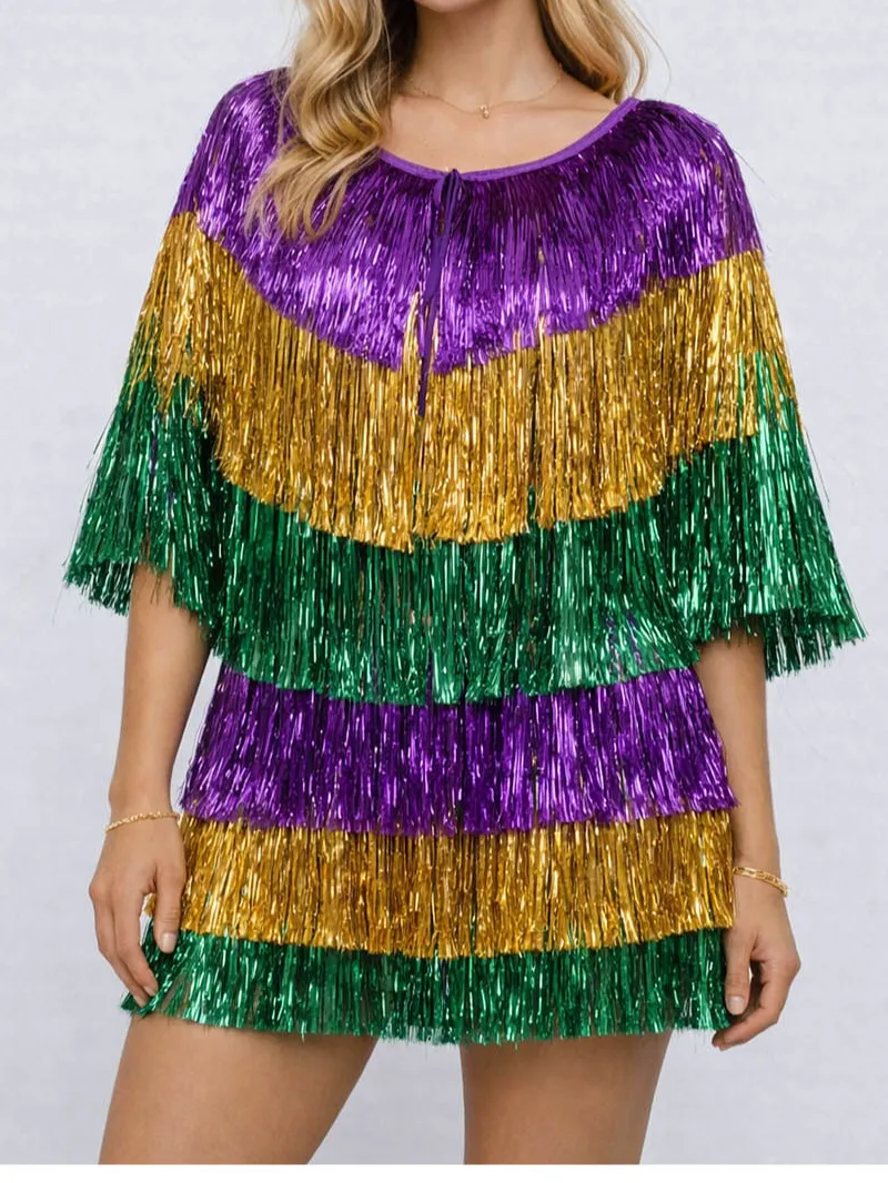 Mardi Gras Fringe Tinsel Poncho Top