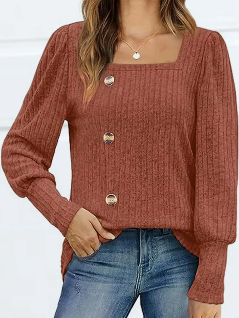 Button Front Square Neck Blouse
