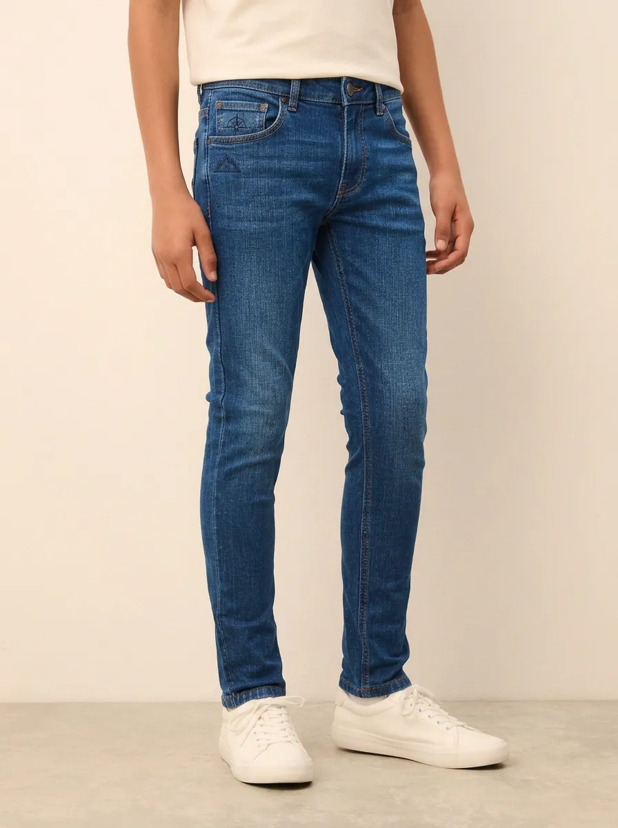 Men's Streamlined Everyday Mountain Logo Embroidered Stretch Denim Jeans