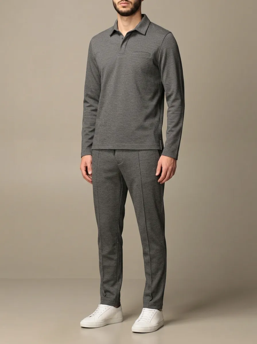 Men's Textured Minimal Polo Shirt and Pants Set