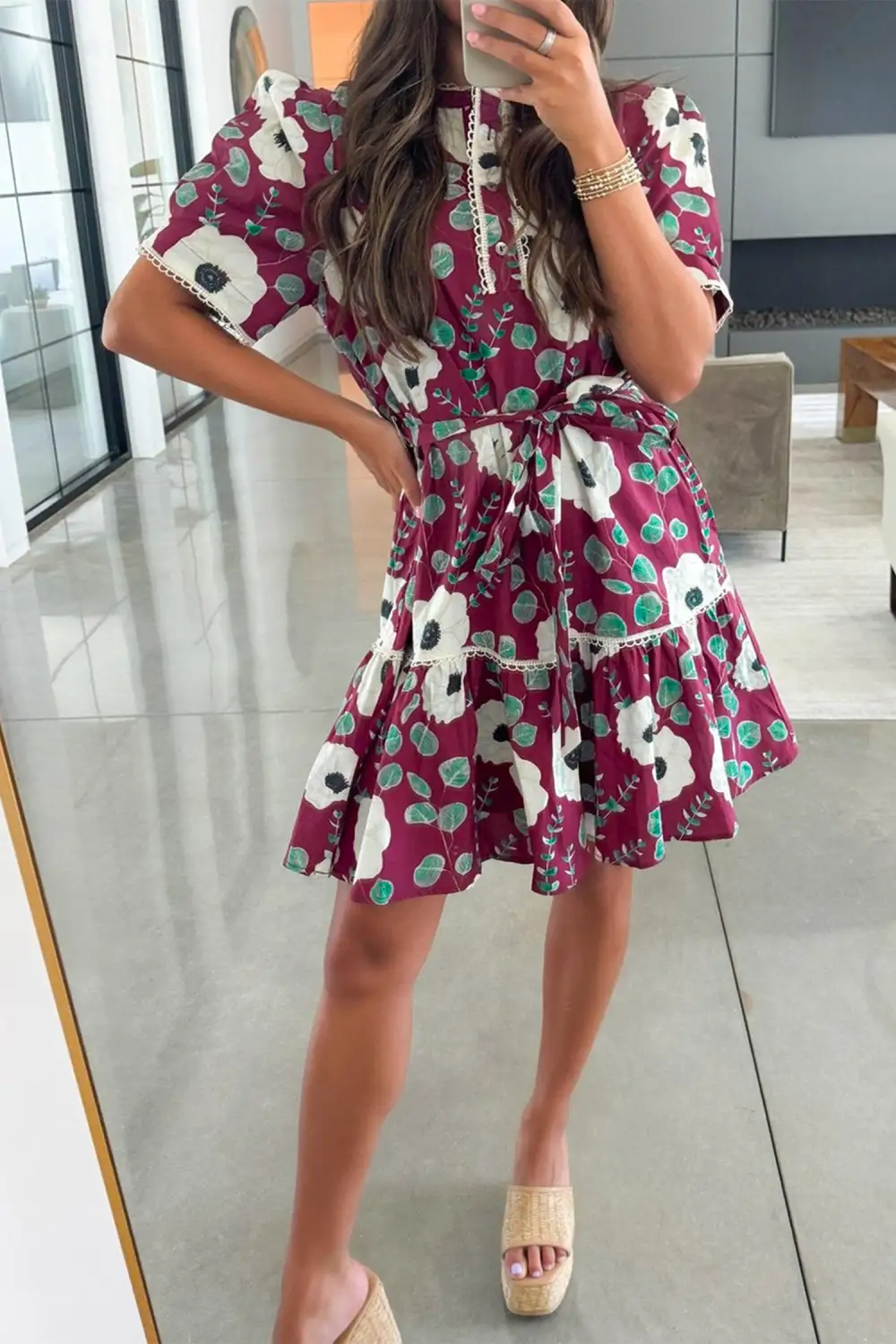 Gathered Detail Floral Printed Puff Sleeve Mini Dress