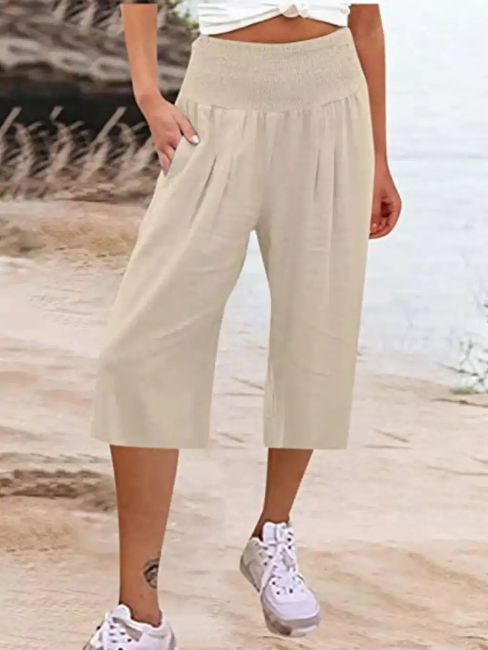 Smocked Wide Leg Capri Pants