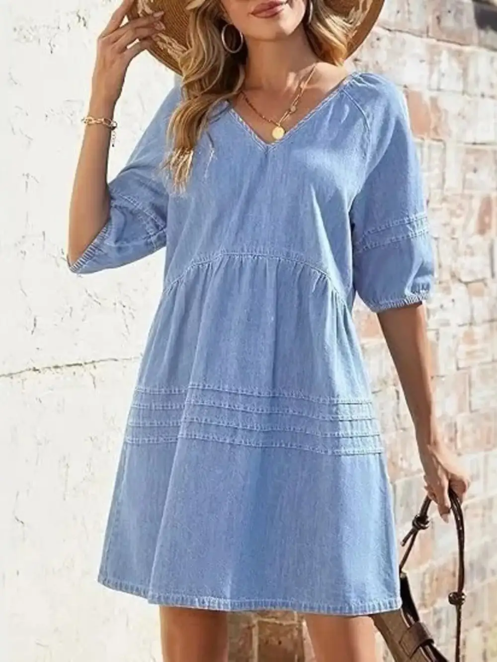 Denim V Neck Puff Sleeve Mini Dress