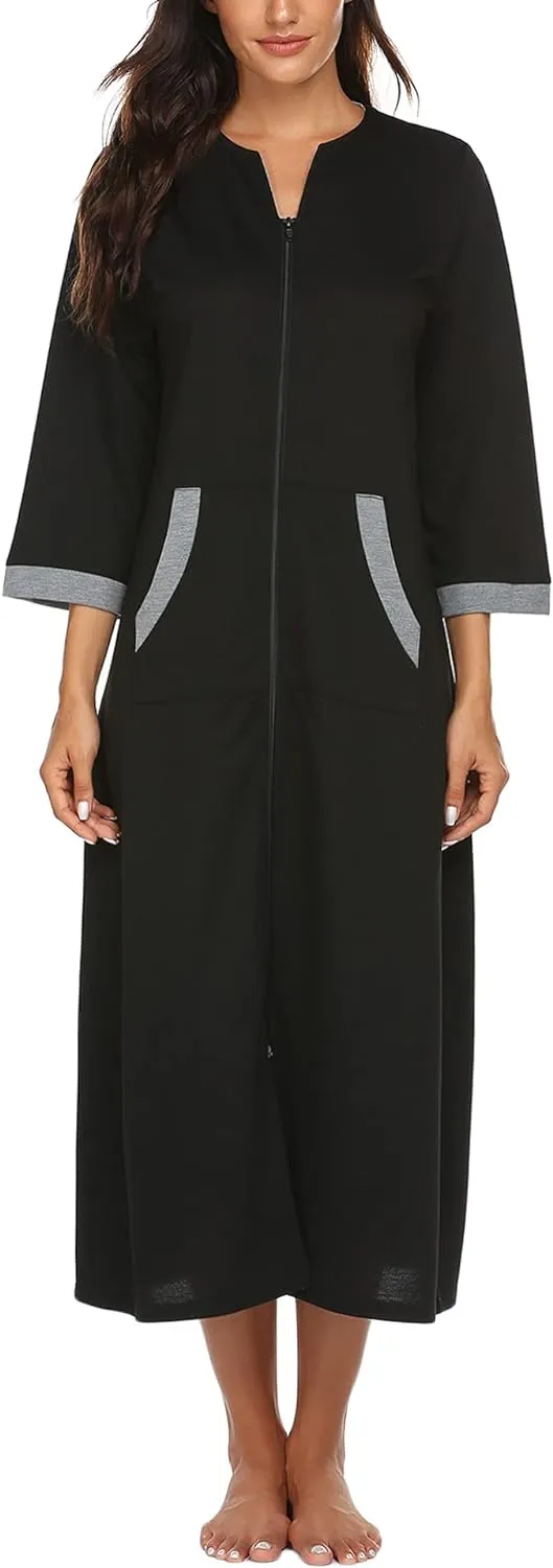 50% OFF Women Zipper Robe 3/4 Sleeves Loungewear Dress Full Length Sleepwear Pockets Housecoat Nightgown Long Bathrobe