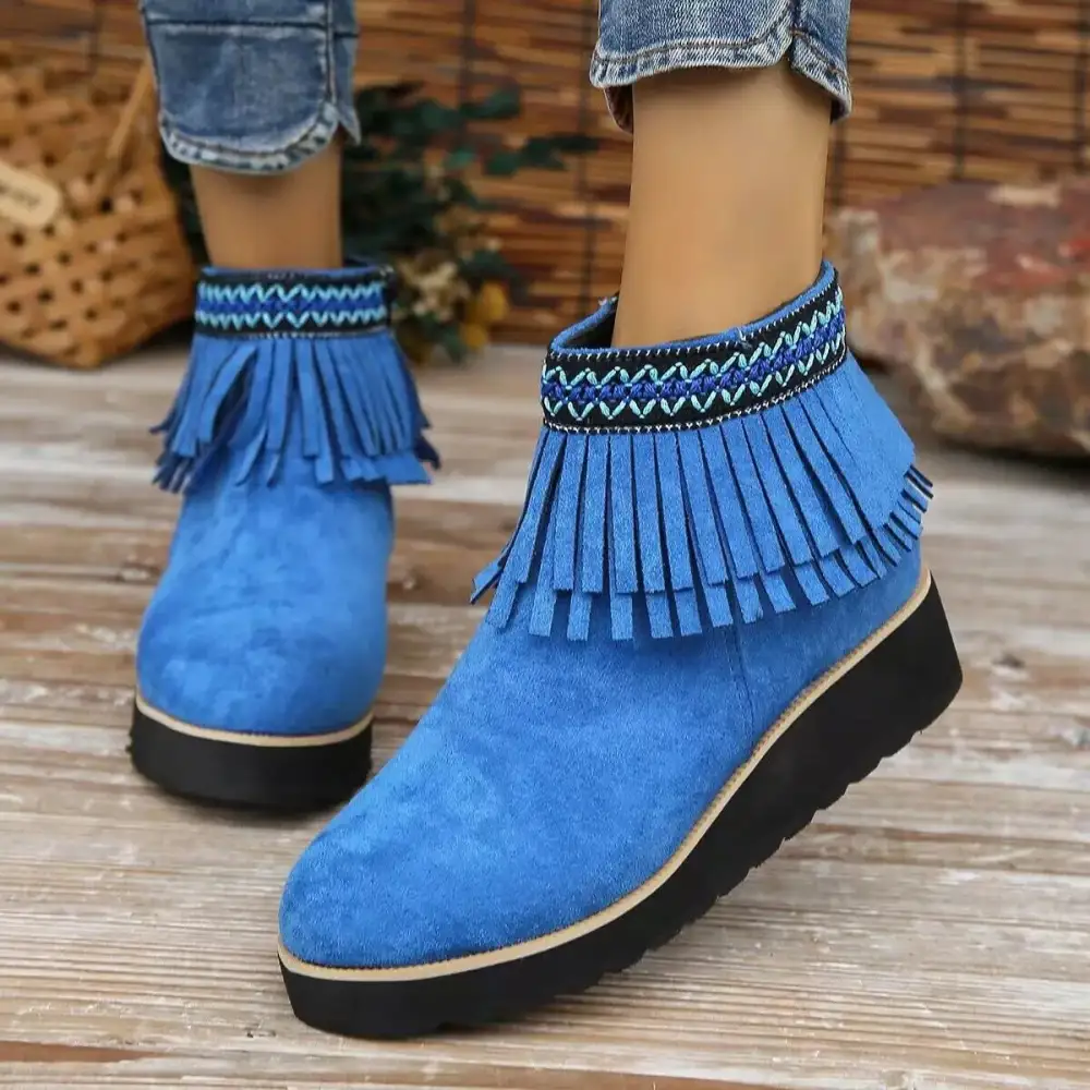 Fringe Round Toe Ankle Boots