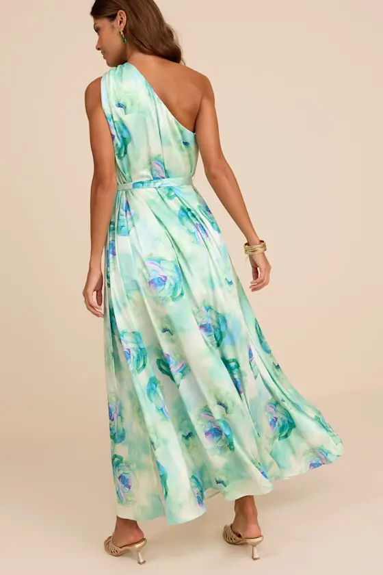 Goddess Aura Light Green Floral Satin One-Shoulder Maxi Dress