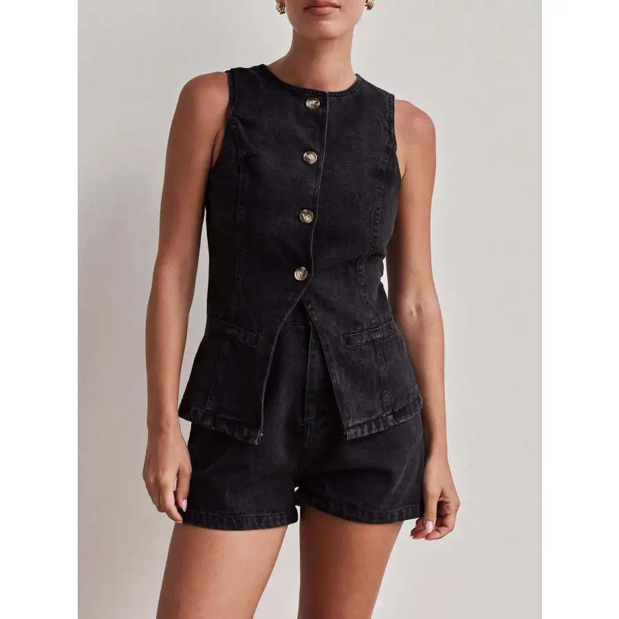 Relaxed Button Down Vest and Shorts Denim Set