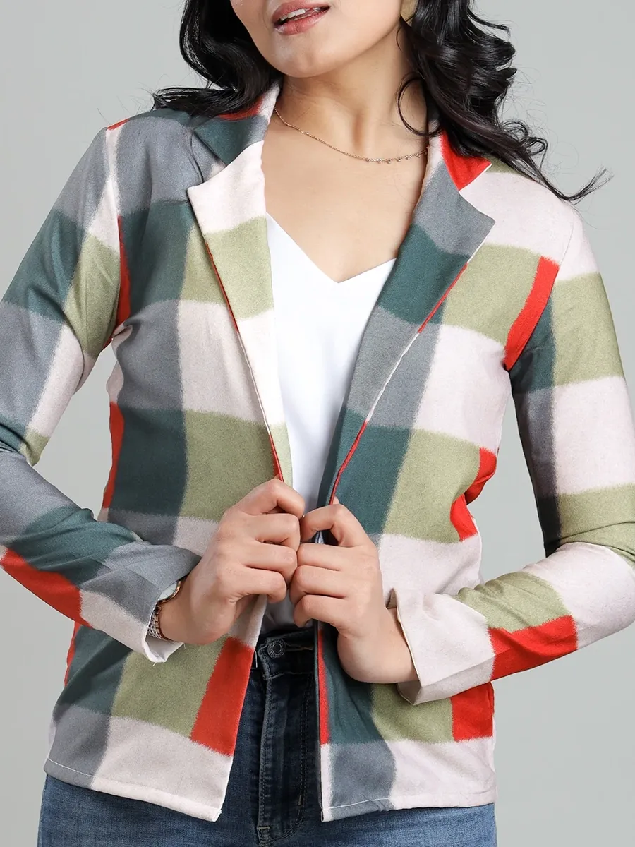 Modern Fashionable Multi-Color Checked Art Print Women's Jacket