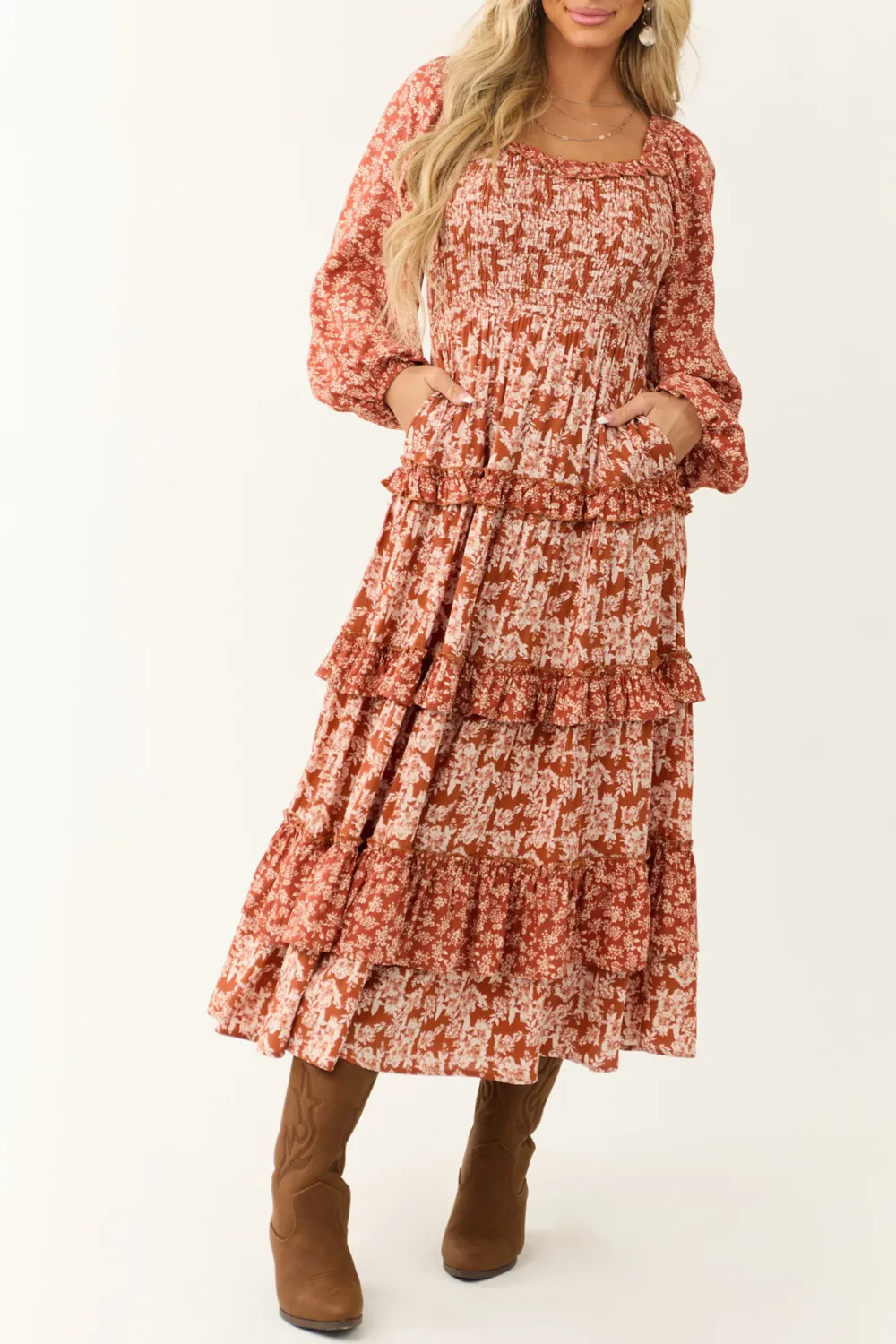 Rust Floral Print Tiered Ruffle Maxi Dress