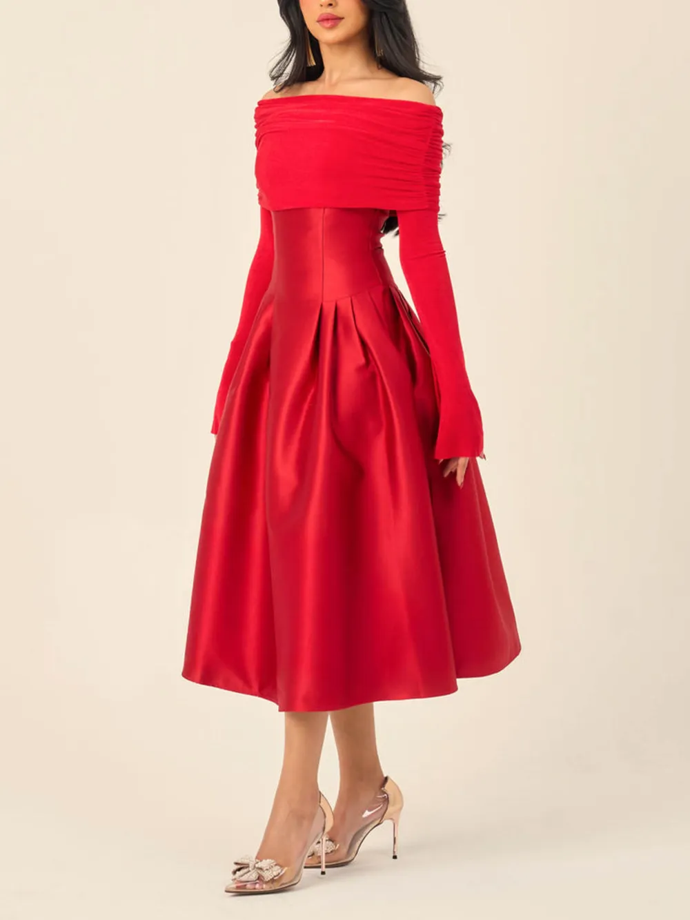 Elegant Off Shoulder Satin Midi Dress