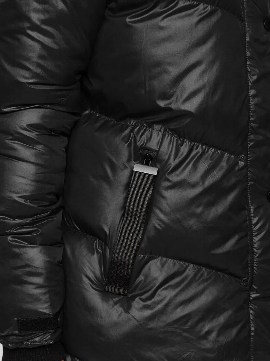 women's black quilted winter jacket with hood