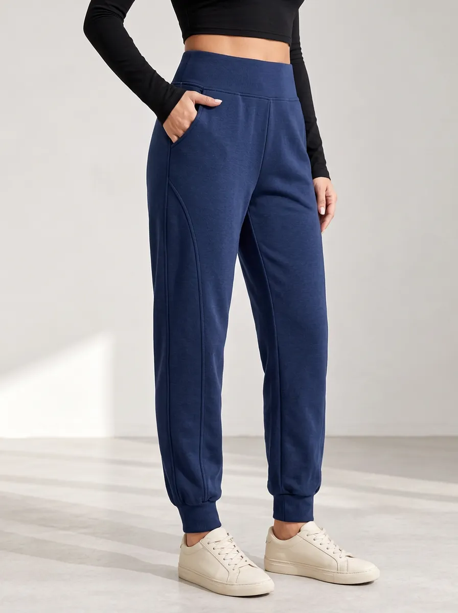 Women's Navy Joggers with High Waist Detail