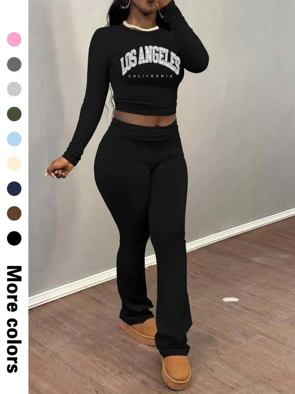 Women's Letter Print Long Sleeve Crop Tee & Plain Flare Leg Pants Two-Piece Set, Casual Fashion Cozy Round Neck Top & Bell Bottom Trousers for Daily Outdoor Wear, Women's Clothing for Fall & Winter