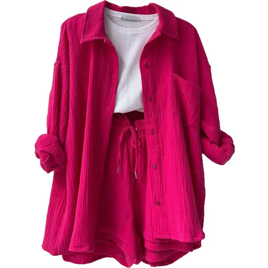Relaxed Textured Button Up Shirt and Shorts Set